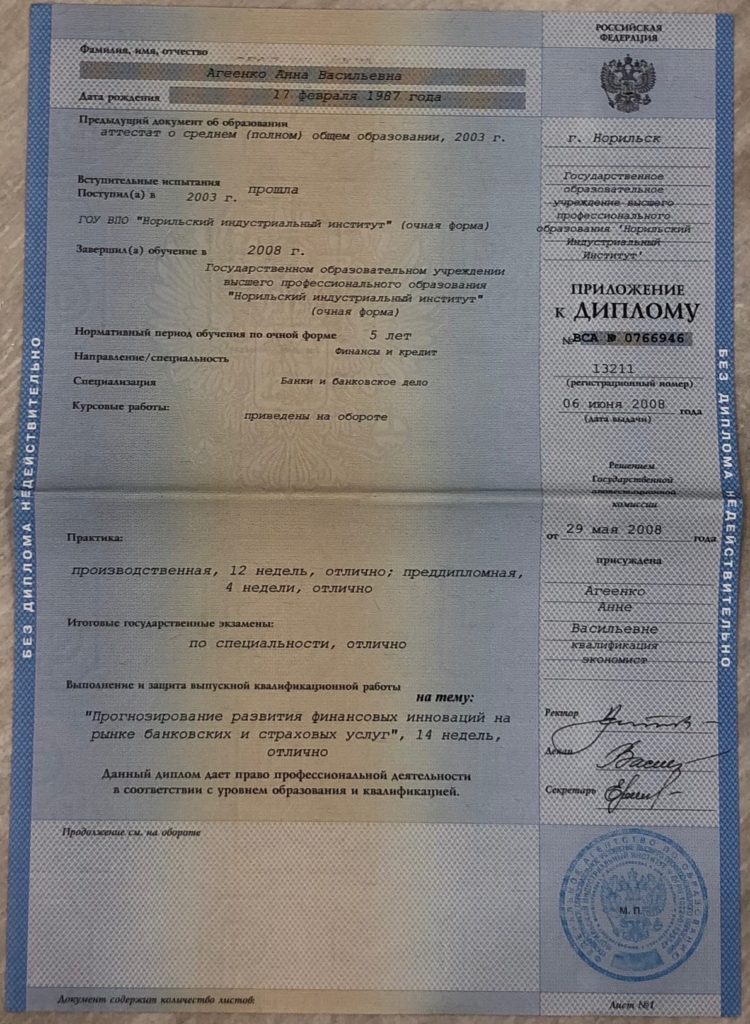 Приложение к диплому экономиста Агеенко Анны Васильевны